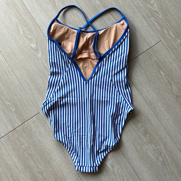 J Crew Factory One Piece Swimsuit With Crisscross Back Small Striped Blue White - Picture 3 of 7